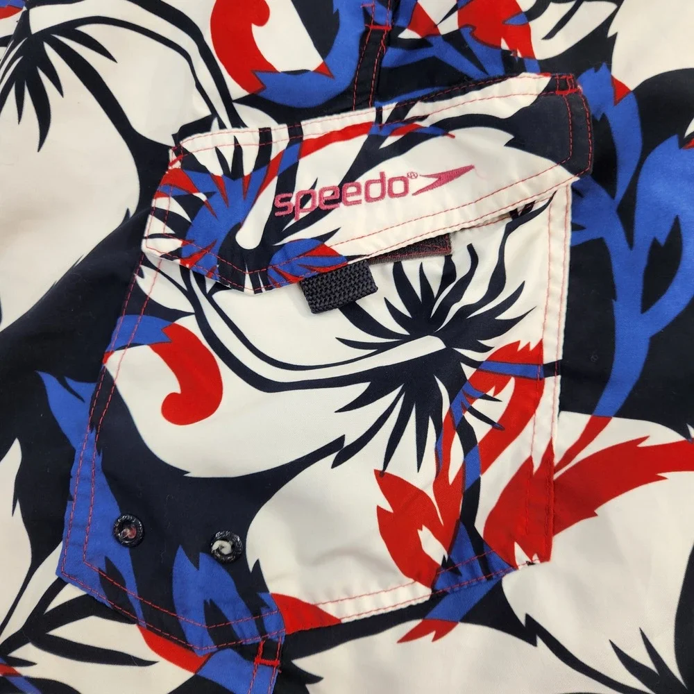 Speedo Mens XL Swim Trunks Red White Blue Tropical Floral Board Shorts‎ Pocket